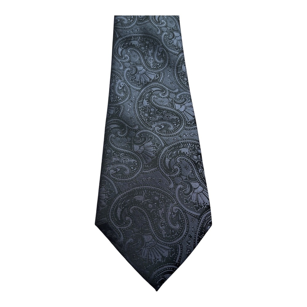 Hi-Tie Mens Silk Paisley Necktie Charcoal Grey Black Italian Style Extra Long